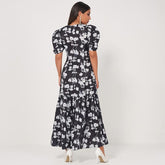 Summer New Fashion WomenRetro Long Waist Fishtail Slim-fit V-neck Lantern Sleeves Banquet Floral Sweet Dress